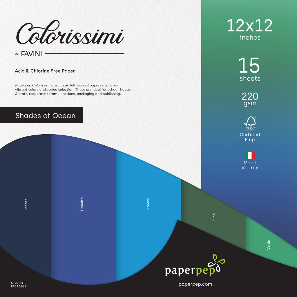 Paper Pep Colorissimi Card Stock 220Gsm 12"X12" Shades Of Ocean Assorted Pack Of 15 Sheets