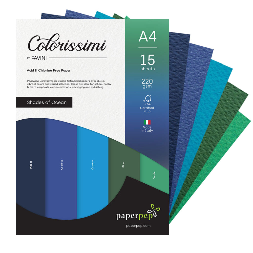 Paper Pep Colorissimi Card Stock 220Gsm A4 Shades Of Ocean Assorted Pack Of 15 Sheets