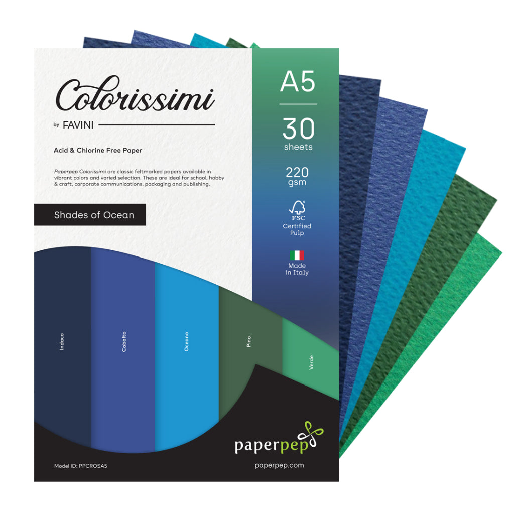 Paper Pep Colorissimi Card Stock 220Gsm A5 Shades Of Ocean Assorted Pack Of 30 Sheets