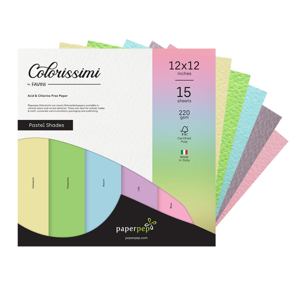 Paper Pep Colorissimi Card Stock 220Gsm 12"X12" Pastel Shades Assorted Pack Of 15 Sheets