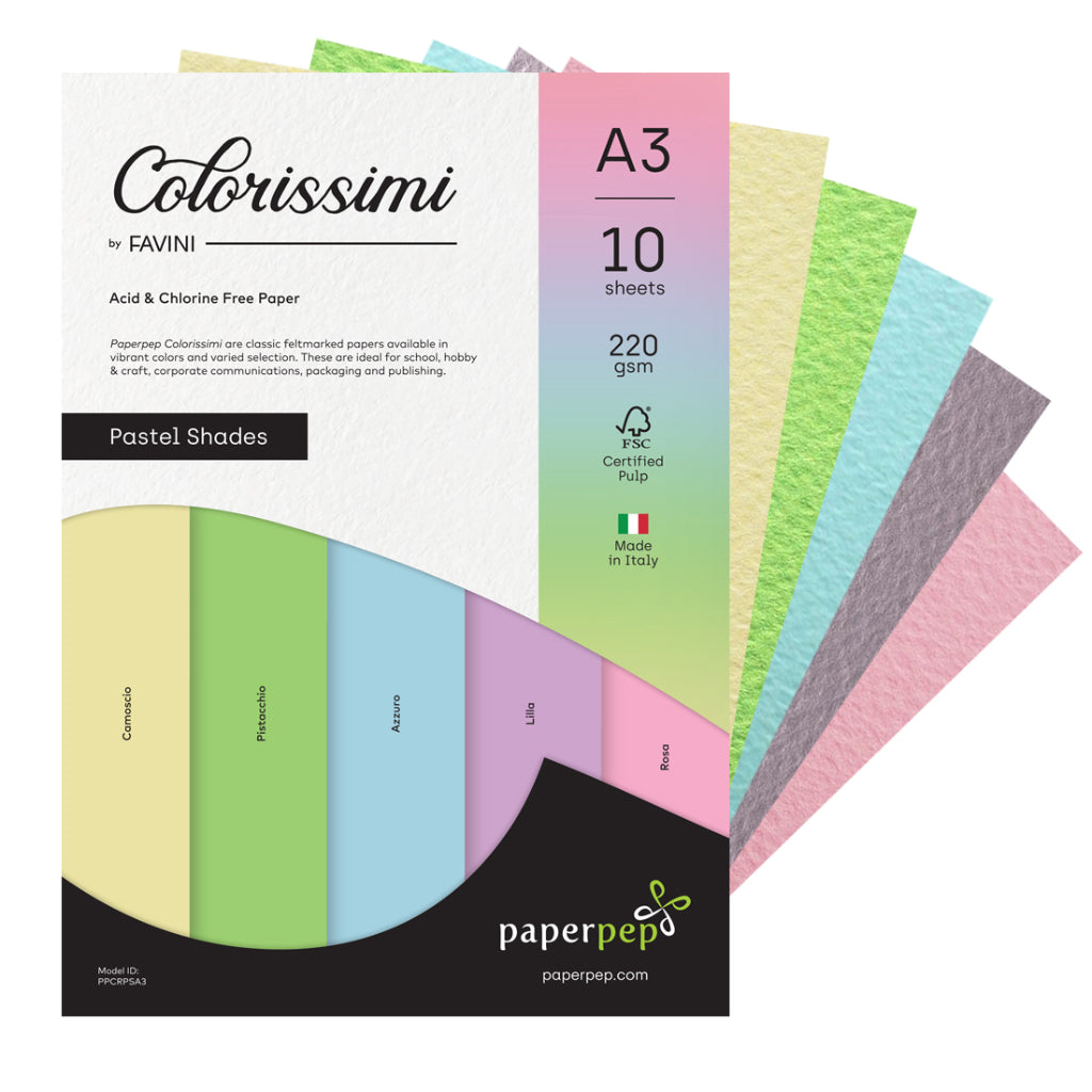 Paper Pep Colorissimi Card Stock 220GSM A3 Pastel Shades Assorted Pack of 10 Sheets