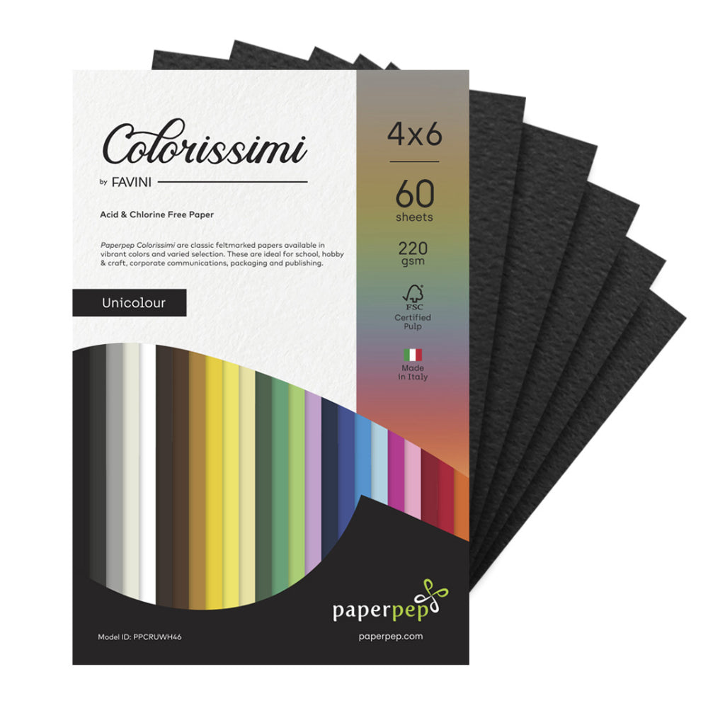 Paper Pep Colorissimi Card Stock 220Gsm 4"X6" Nero (Black) Unicolor Pack Of 60 Sheets