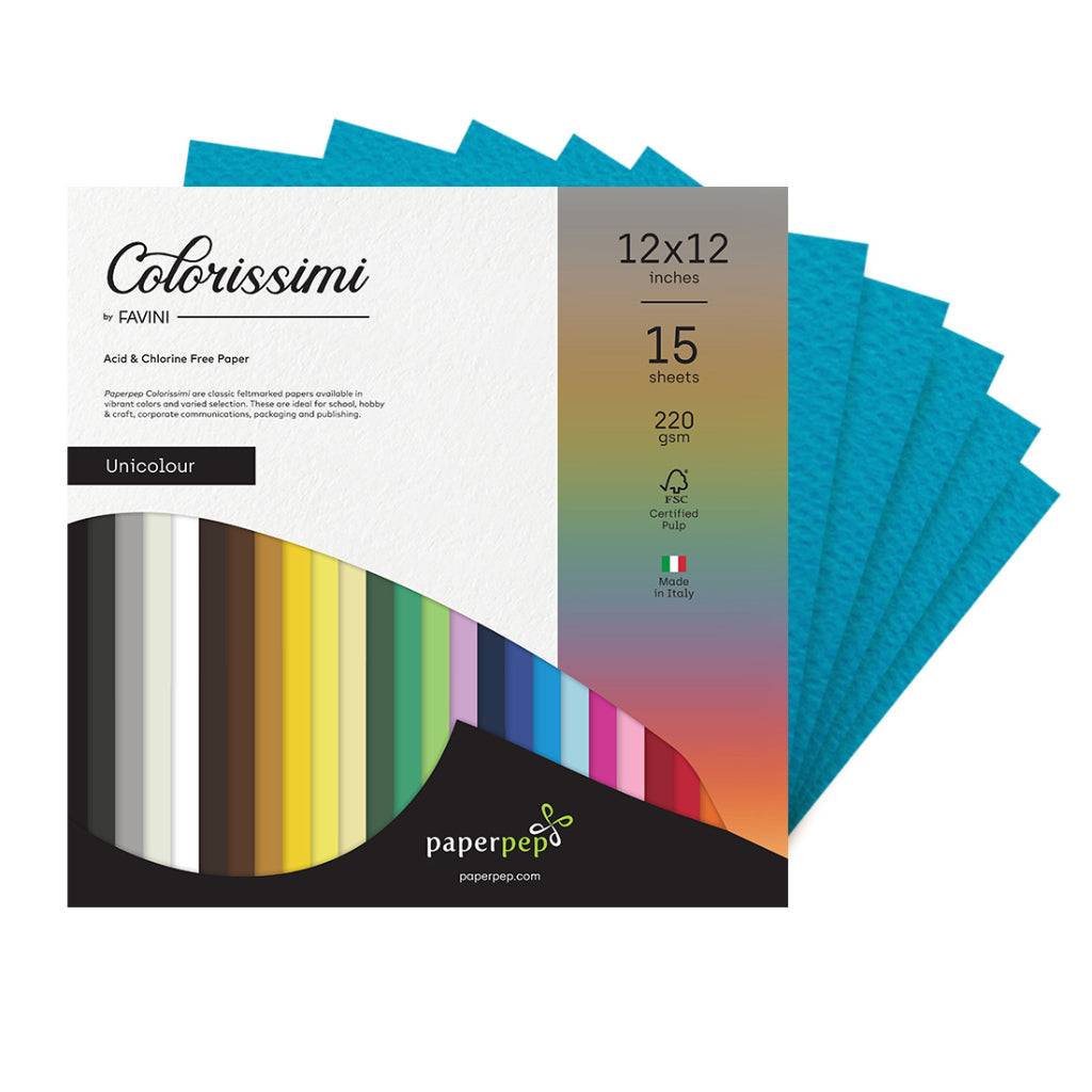 Paper Pep Colorissimi Card Stock 220Gsm 12"X12" Oceano (Blue) Unicolor Of 15 Sheets