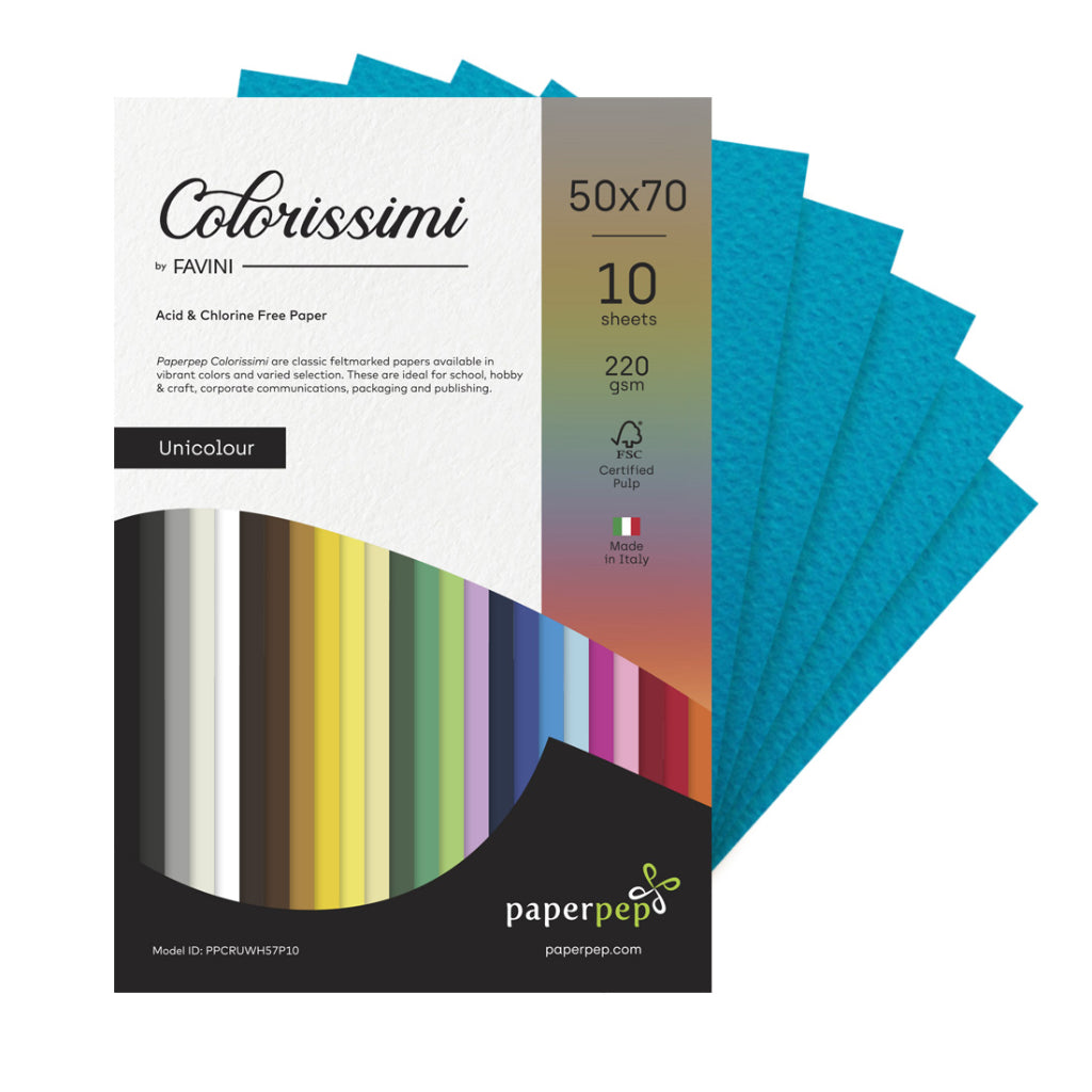 Paper Pep Colorissimi Card Stock 220GSM 50X70CM Oceano (Blue) Unicolor of 10 Sheets