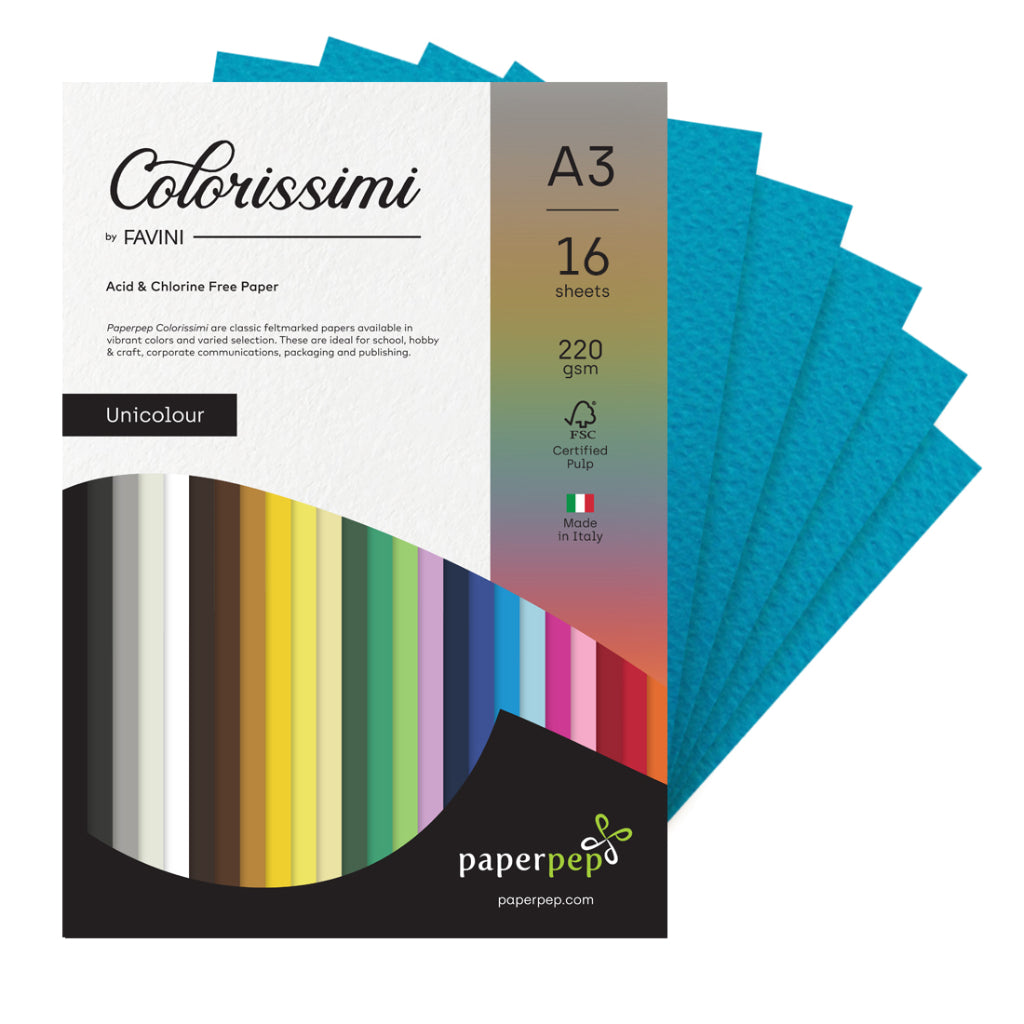 Paper Pep Colorissimi Card Stock 220GSM A3 Oceano (Blue) Unicolor Pack of 16 Sheets