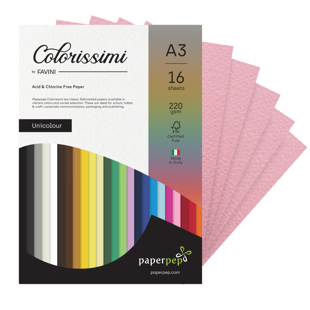 Paper Pep Colorissimi Card Stock 220GSM A3 Rosa (Baby Pink) Unicolor Pack of 16 Sheets
