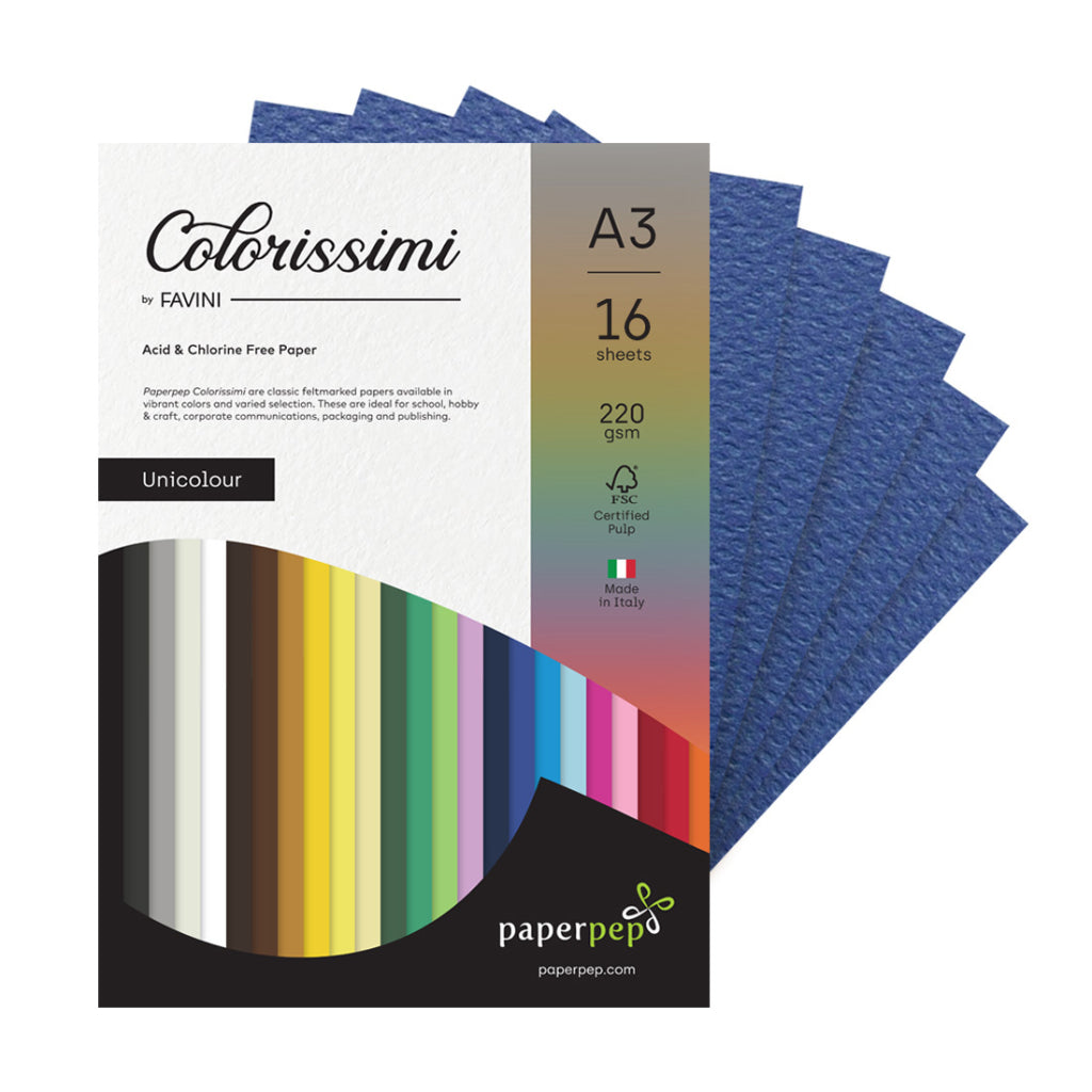 Paper Pep Colorissimi Card Stock 220GSM A3 Cobalto (Dark Blue) Unicolor Pack of 16 Sheets