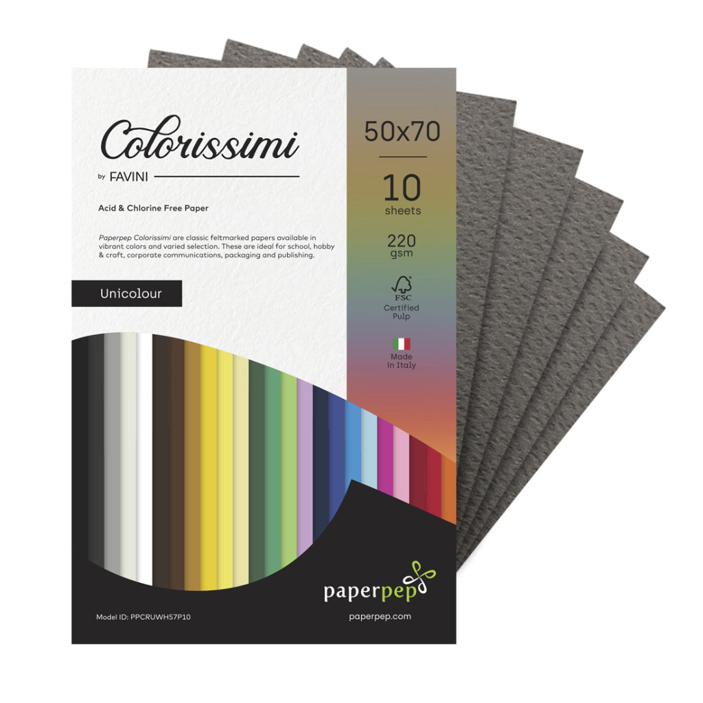 Paper Pep Colorissimi Card Stock 220GSM 50X70CM Piombo (Dark Grey) Unicolor of 10 Sheets