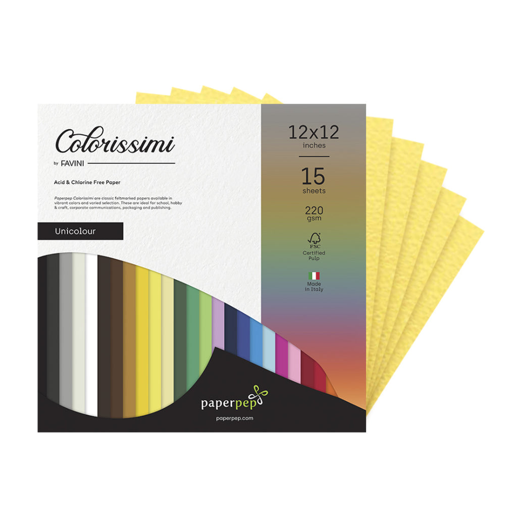 Paper Pep Colorissimi Card Stock 220Gsm 12"X12" Girasole (Light Yellow) Unicolor Of 15 Sheets
