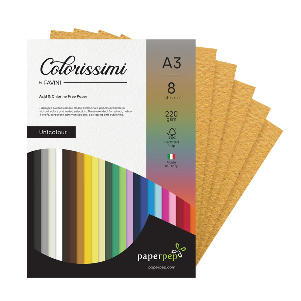 Paper Pep Colorissimi Card Stock 220Gsm A3 Tabacco (Mustard) Unicolor Of 8 Sheets