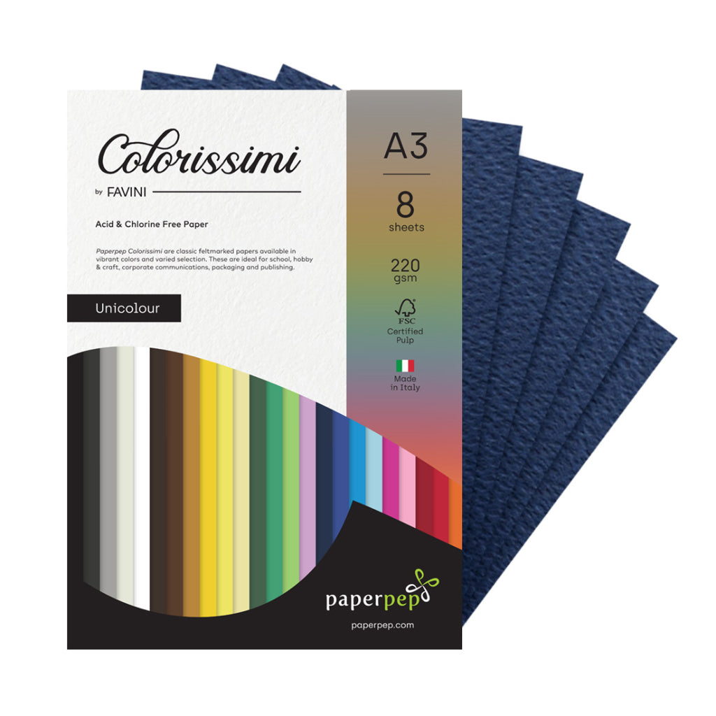 Paper Pep Colorissimi Card Stock 220GSM A3 Indaco (Navy Blue) Unicolor of 8 Sheets