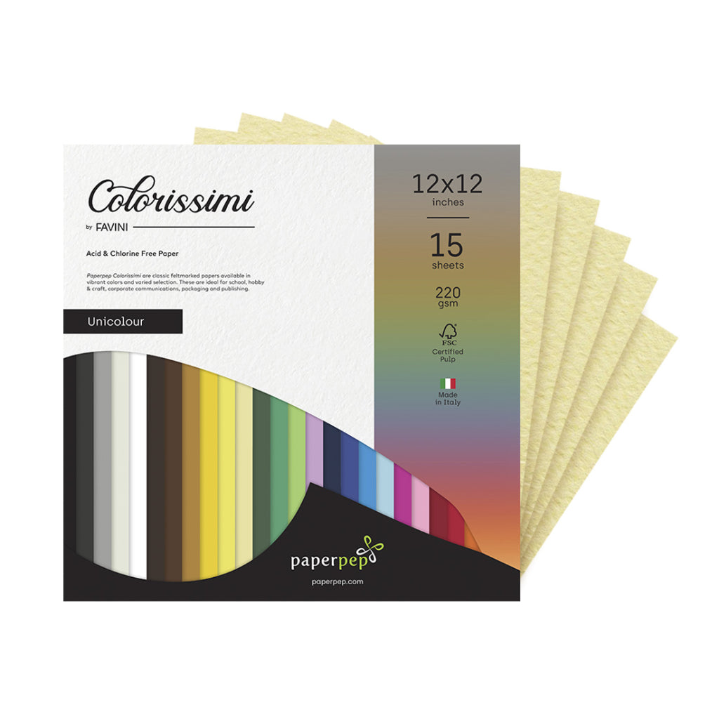 Paper Pep Colorissimi Card Stock 220Gsm 12"X12" Camoscio (Pastel Yellow) Unicolor Of 15 Sheets