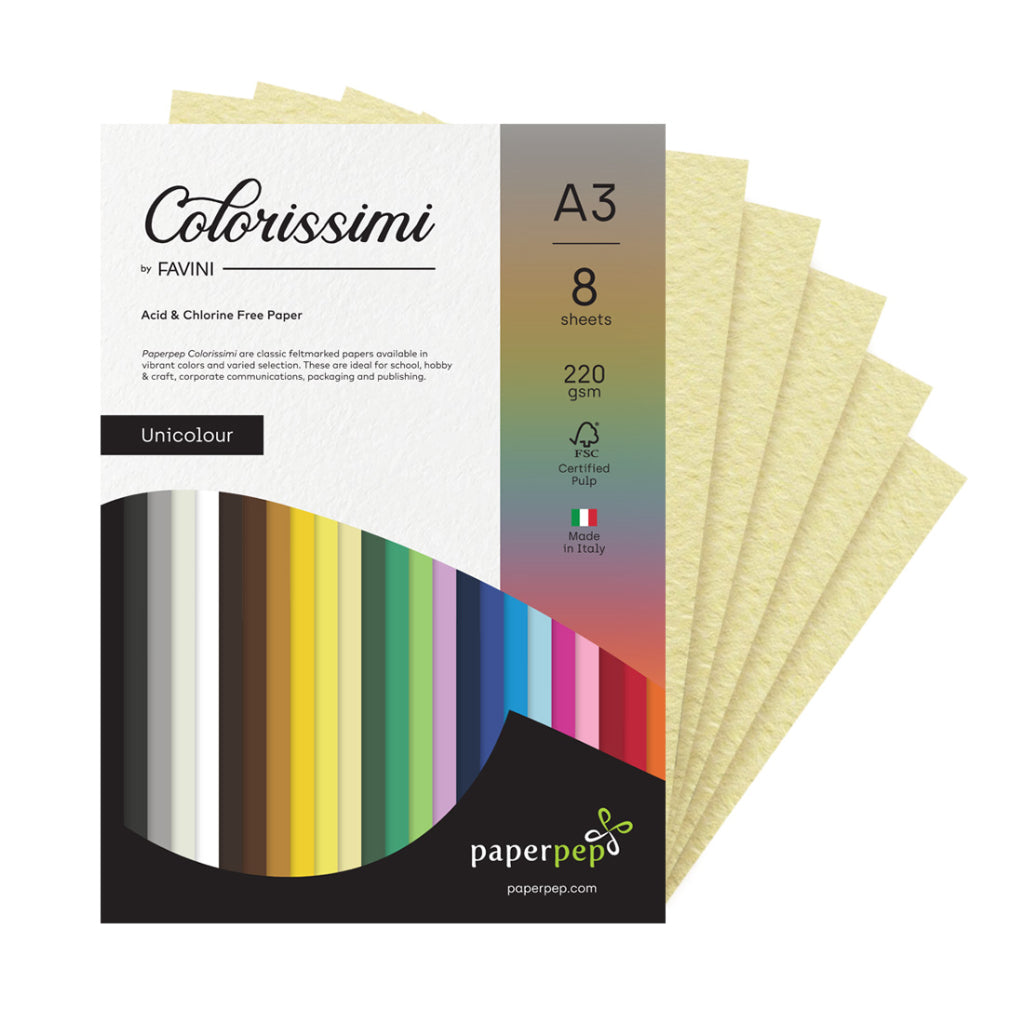 Paper Pep Colorissimi Card Stock 220Gsm A3 Camoscio (Pastel Yellow) Unicolor Of 8 Sheets