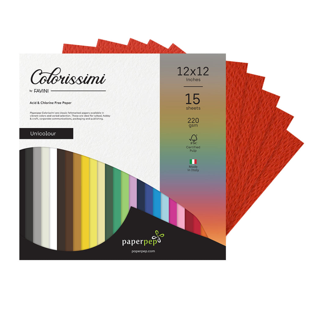 Paper Pep Colorissimi Card Stock 220Gsm 12"X12" Scarlatto (Red) Unicolor Of 15 Sheets