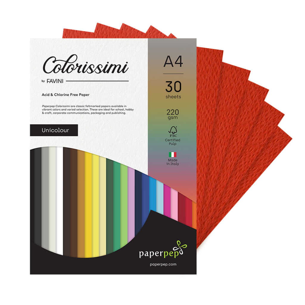 Paper Pep Colorissimi Card Stock 220Gsm A4 Scarlatto (Red) Unicolor Pack Of 30 Sheets