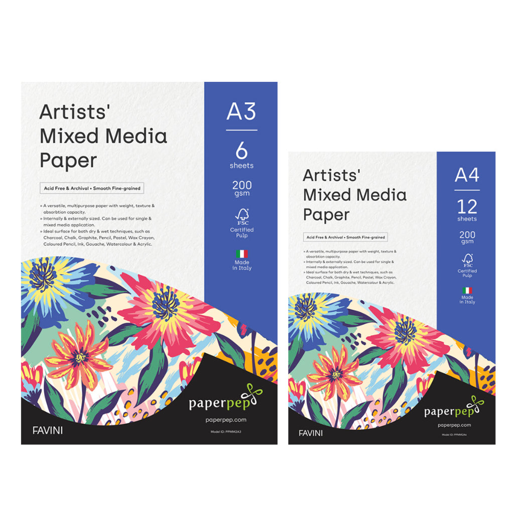 Paper Pep Artists' Mixed Media Paper 200Gsm A3 (Pack Of 6) + A4 (Pack Of 12)
