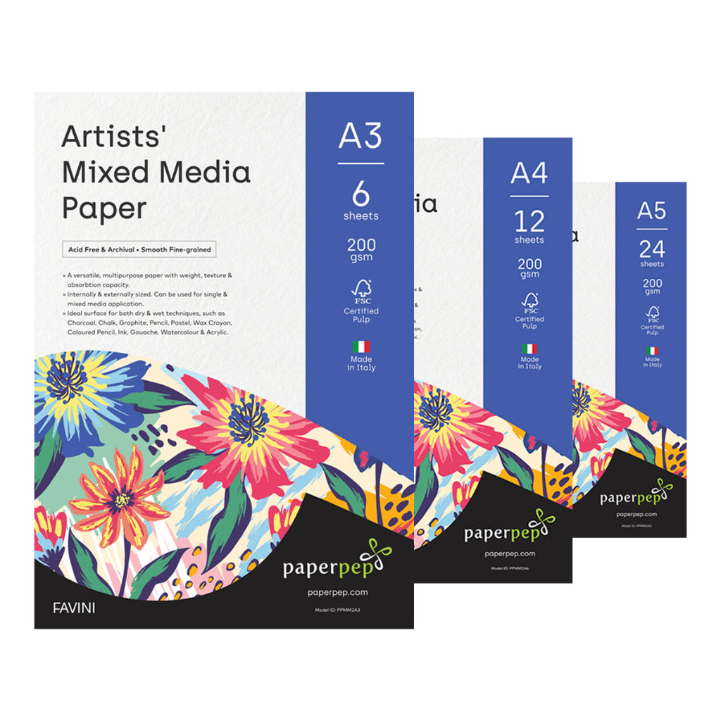 Paper Pep Artists' Mixed Media Paper 200Gsm A3 (Pack Of 6) + A4 (Pack Of 12) + A5 (Pack Of 24)