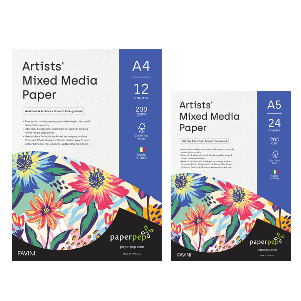 Paper Pep Artists' Mixed Media Paper 200Gsm A4 (Pack Of 12) + A5 (Pack Of 24)