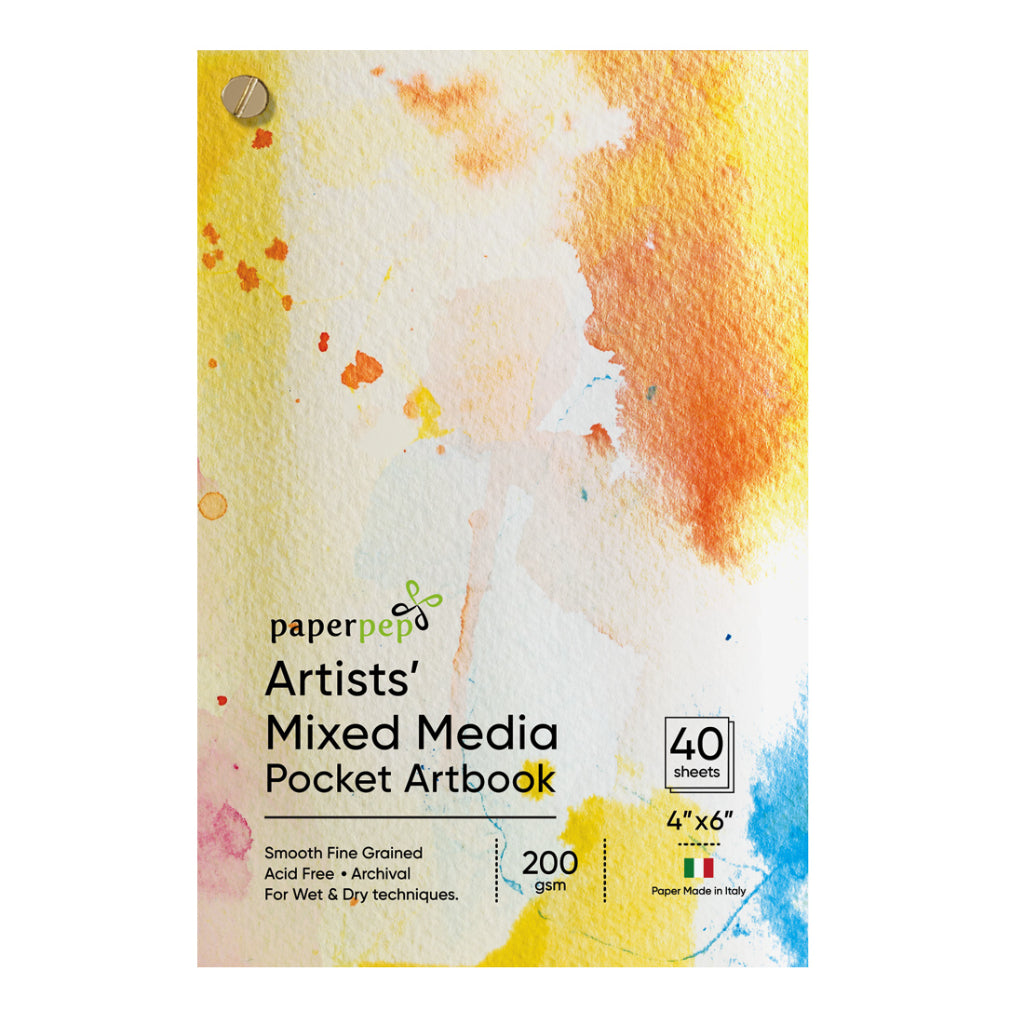 Paperpep Mixed Media Pocket Artbook 200Gsm 4"X6" 40 Sheets For Charcoal, Chalk, Graphite, Pencil, Pastel, Wax Crayon, Coloured Pencil, Ink, Gouache, Watercolour & Acrylic For Artists' & Amateurs