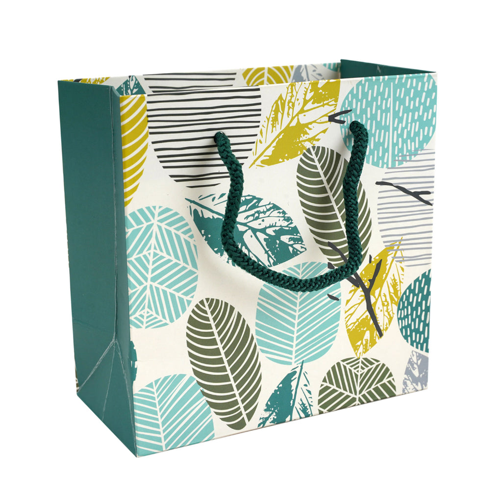 Paperpep Cream Green Leaf Print 6"X3"X6" Gift Paper Bag Pack Of 12 For Return Gifts, Presents, Weddings, Birthday, Holiday Presents, Celebrations