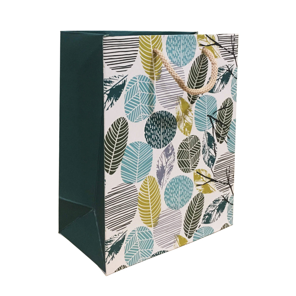 Paperpep Cream Green Leaf Print 7"X4"X9" Gift Paper Bag Pack Of 10 For Return Gifts, Presents, Weddings, Birthday, Holiday Presents, Celebrations