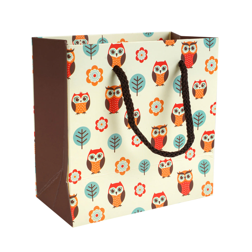 Paperpep Yellow Owl Print 6"X3"X6" Gift Paper Bag Pack Of 12 For Return Gifts, Presents, Weddings, Birthday, Holiday Presents, Celebrations