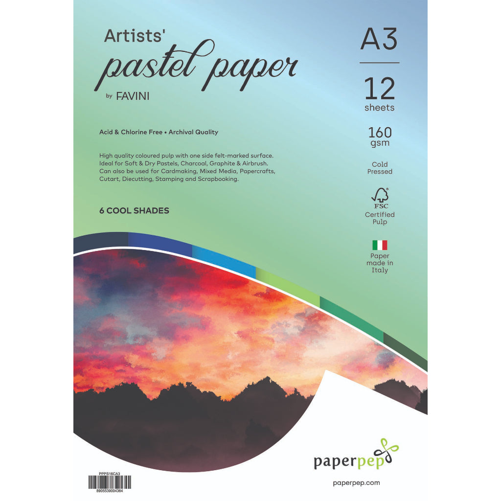 Paper Pep Artists' Pastel Papers 160Gsm A3 Cool Shades Assorted Pack Of 12 Sheets