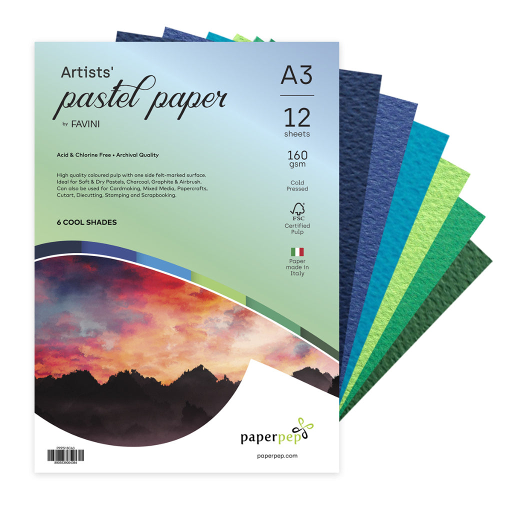 Paper Pep Artists' Pastel Papers 160Gsm A3 Cool Shades Assorted Pack Of 12 Sheets