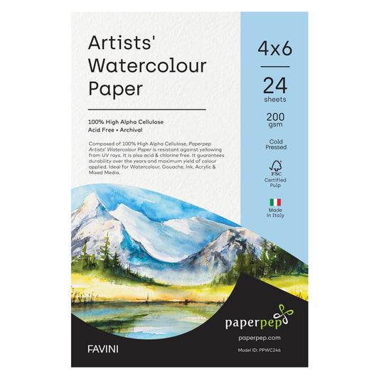 Paper Pep Artists' Watercolour Paper 200Gsm Cold Pressed 4"X6" Pack Of 24