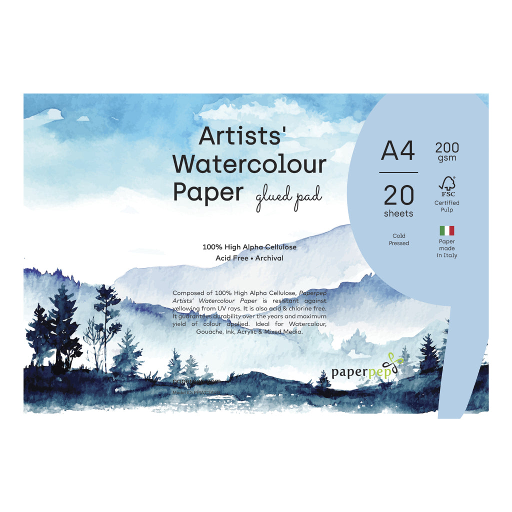 Paper Pep Artists' Watercolour Glued Pads 200Gsm Cold Pressed A4 20 Sheets