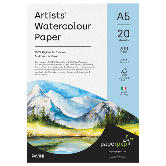 Paper Pep Artists' Watercolour Paper 200Gsm Cold Pressed A5 Pack Of 20