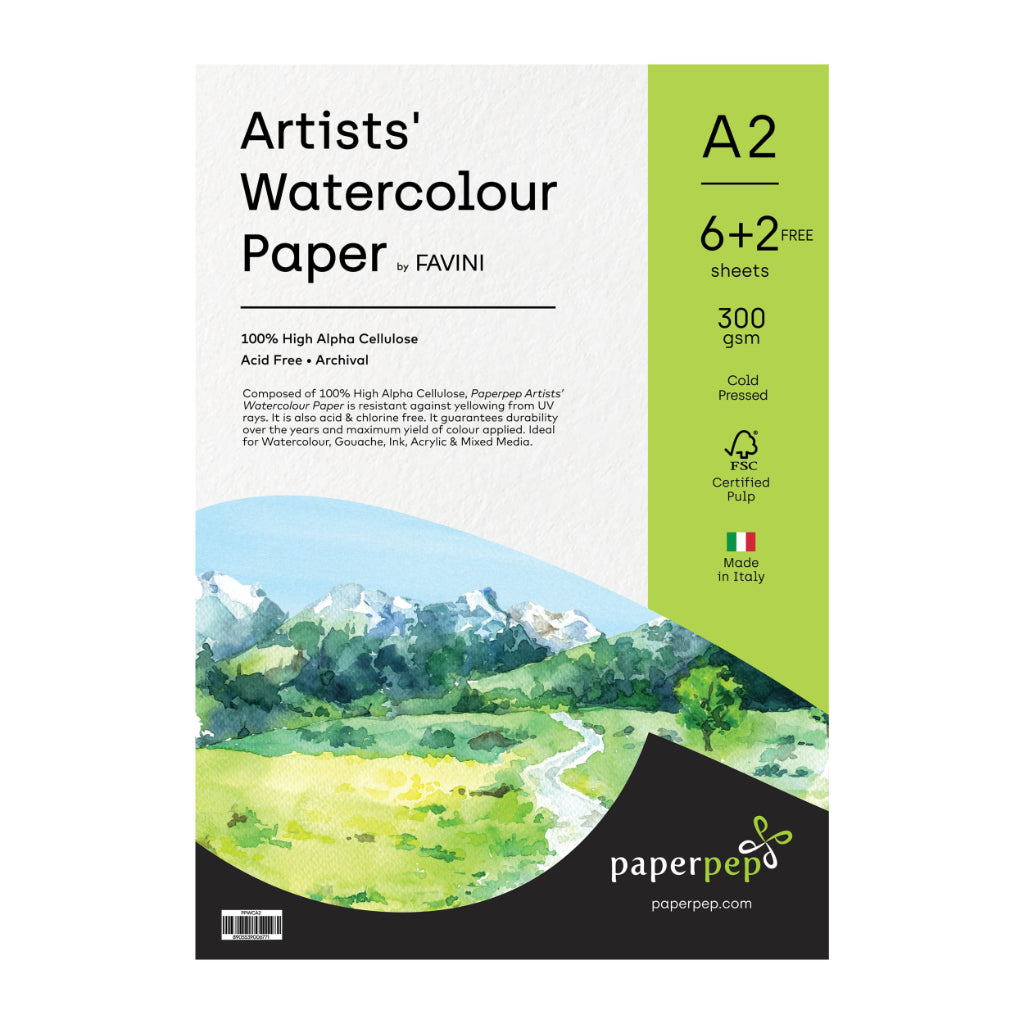 PaperPep Artists' Watercolour Paper 300GSM Cold Pressed A2 Pack of 6+2 Sheet Free