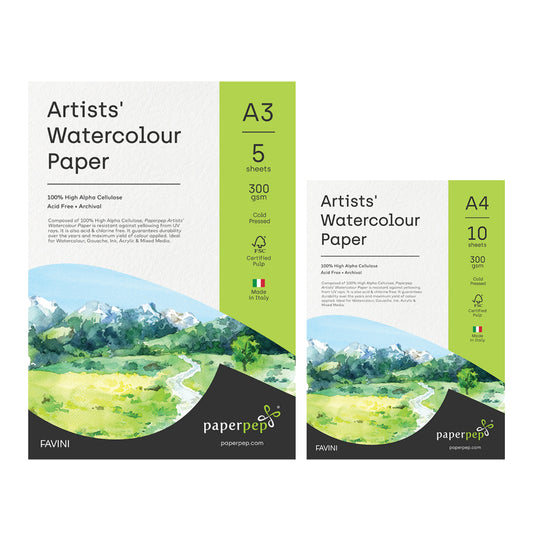Paper Pep Artists' Watercolour Paper 300Gsm Cold Pressed A3 (Pack Of 5) + A4 (Pack Of 10), White
