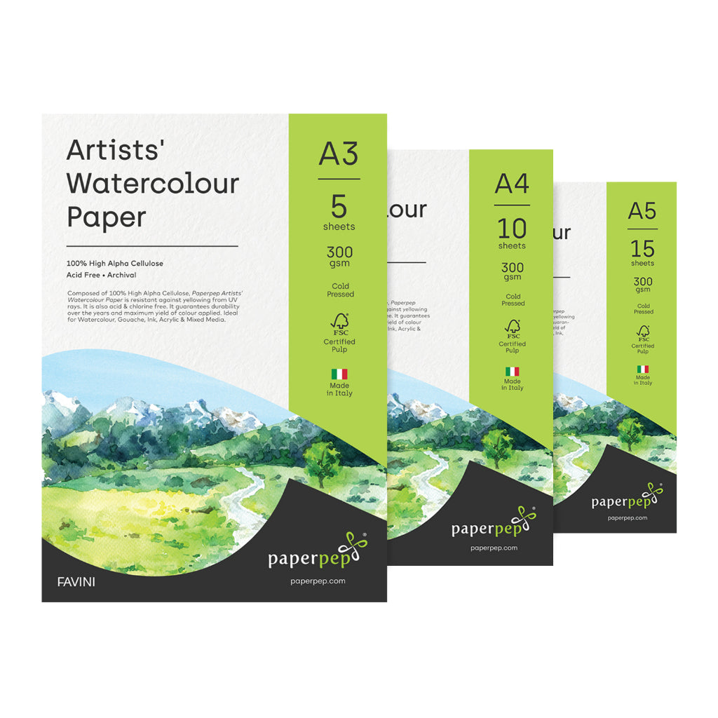 Paper Pep Artists' Watercolour Paper 300Gsm Cold Pressed A3 (Pack Of 5) + A4 (Pack Of 10) + A5 (Pack Of 15), White