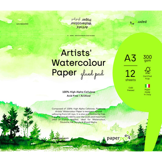 Paper Pep Artists' Watercolour Glued Pads 300Gsm Cold Pressed A3 12 Sheets