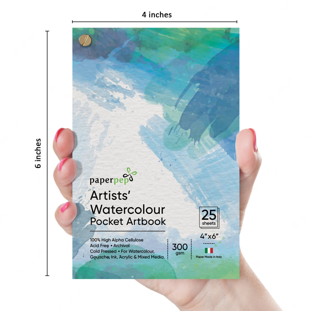 Paperpep Watercolour Pocket Artbook 300Gsm 4"X6" 25 Sheets For Watercolour, Gouache, Ink, Acrylic, Wet & Mixed Media, Art Painting, Drawing For Artists' & Amateurs