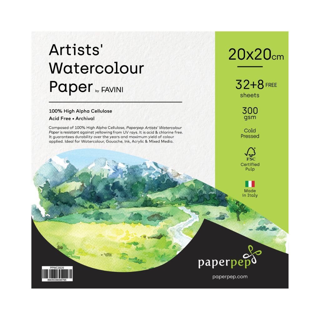 Paperpep Artists' Watercolour Paper 300Gsm Cold Pressed 20X20Cm Pack Of 32+8 Sheets Free