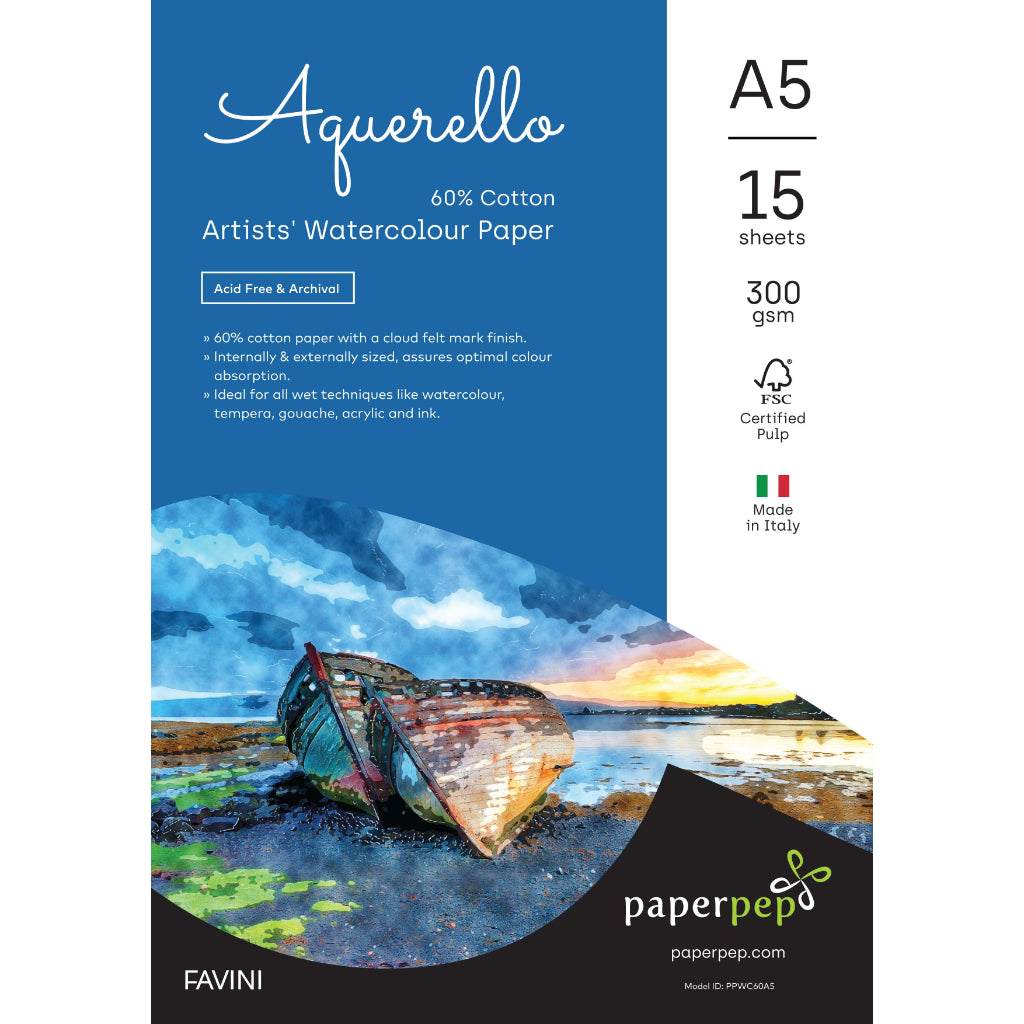 Paper Pep Artists' Aquerello 60% Cotton Watercolour Paper 300Gsm Cold Pressed A5 Pack Of 15