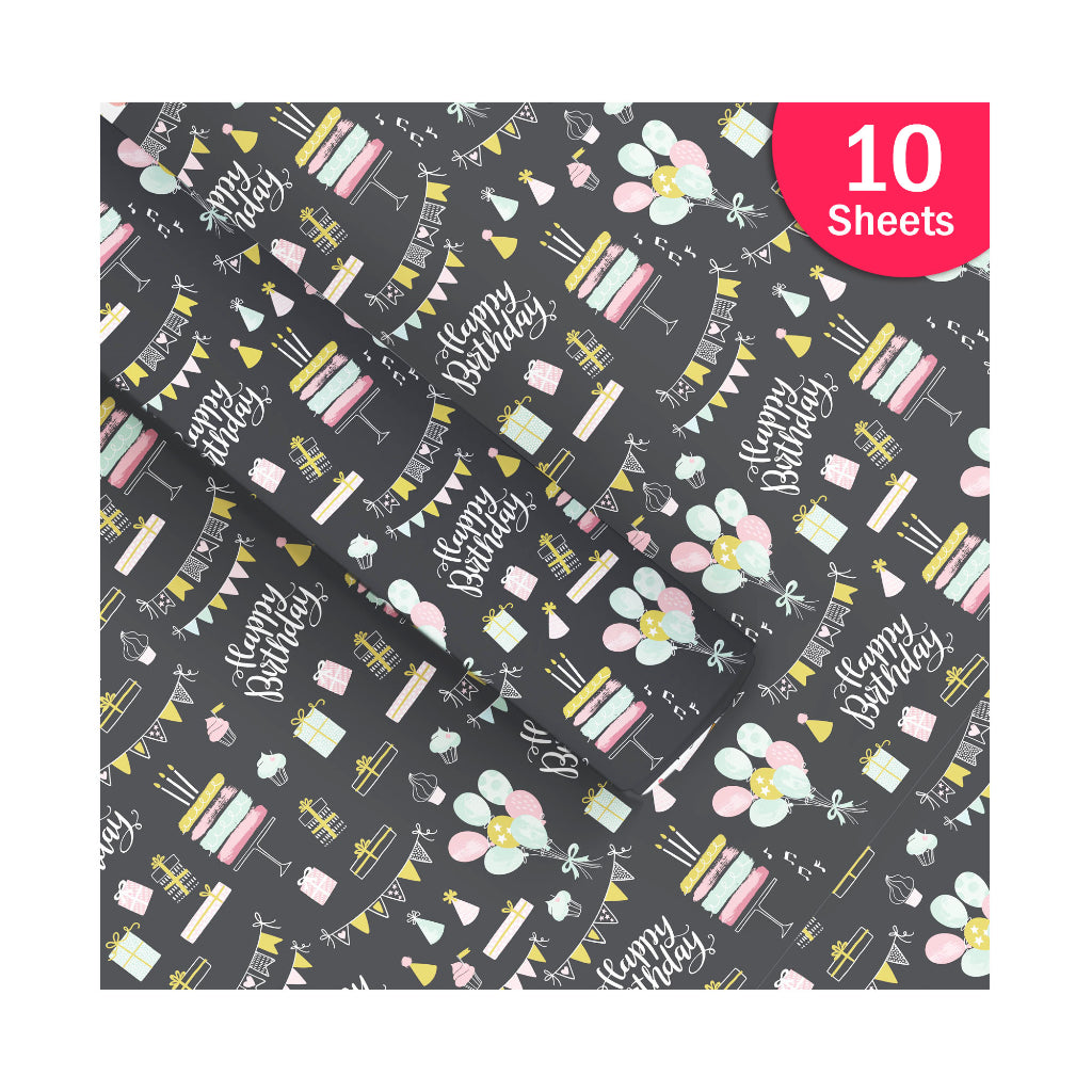 Paperpep Black Birthday Print Gift Wrapping Paper 19"X29" Pack Of 10 Sheets For Gift Packing Birthday, Anniversary, Diwali, Christmas, All Occasions & Events, Crafts, Return Gifts