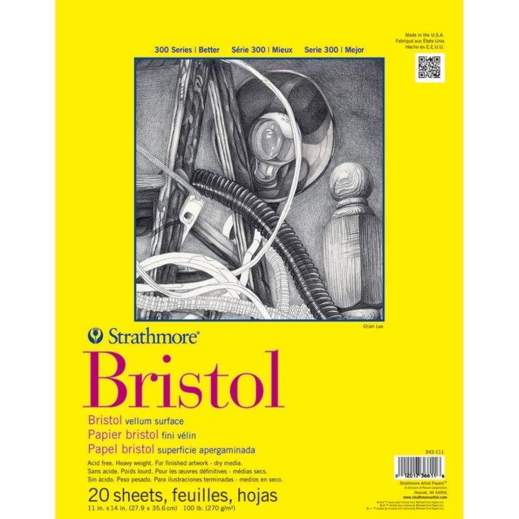 Strathmore 300 Series Bristol 11''X14'' Extra White Vellum 270 Gsm Paper, Short-Side Tape Bound Pad Of 20 Sheets