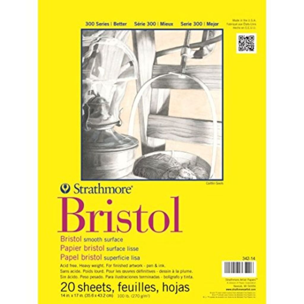 Strathmore 300 Series Bristol Smooth 14''X17'' Extra White Smooth 270 Gsm Paper, Short-Side Tape Bound Pad Of 20 Sheets