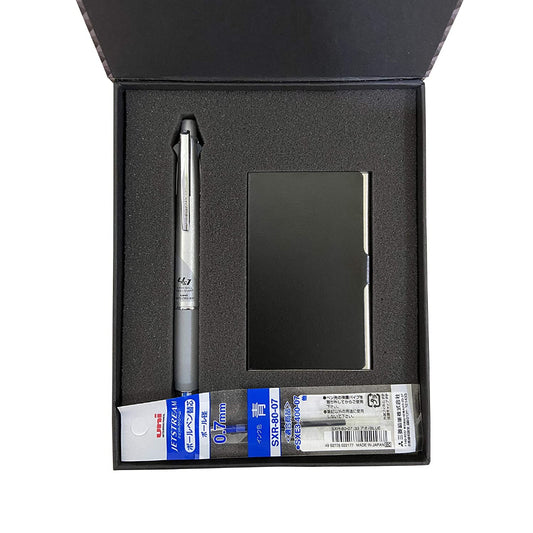Uni-Ball Jetstream Msxes-1000-07 Silver Body 4 Color Ball Point Pen With Refill And Card Holder- 3 In 1 Premium Gift Set