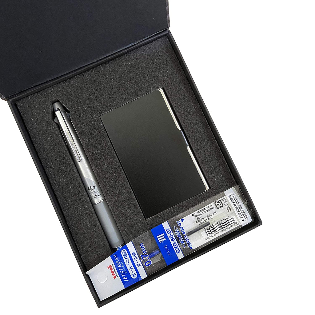 Uni-Ball Jetstream Msxes-1000-07 Silver Body 4 Color Ball Point Pen With Refill And Card Holder- 3 In 1 Premium Gift Set