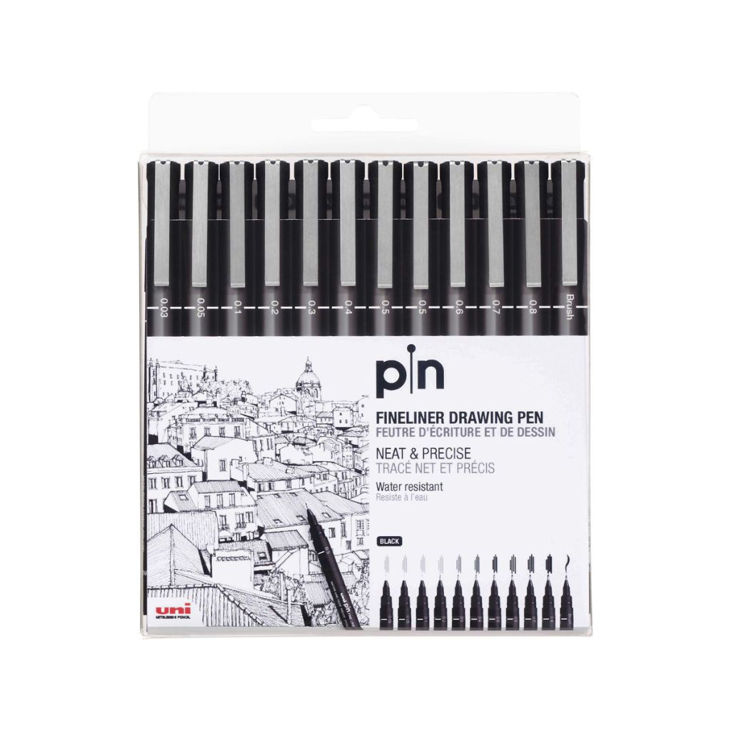 Uni-Ball Pin-200 0.03-0.8Mm + Brush Fine Line Markers- Black- Pack Of 12